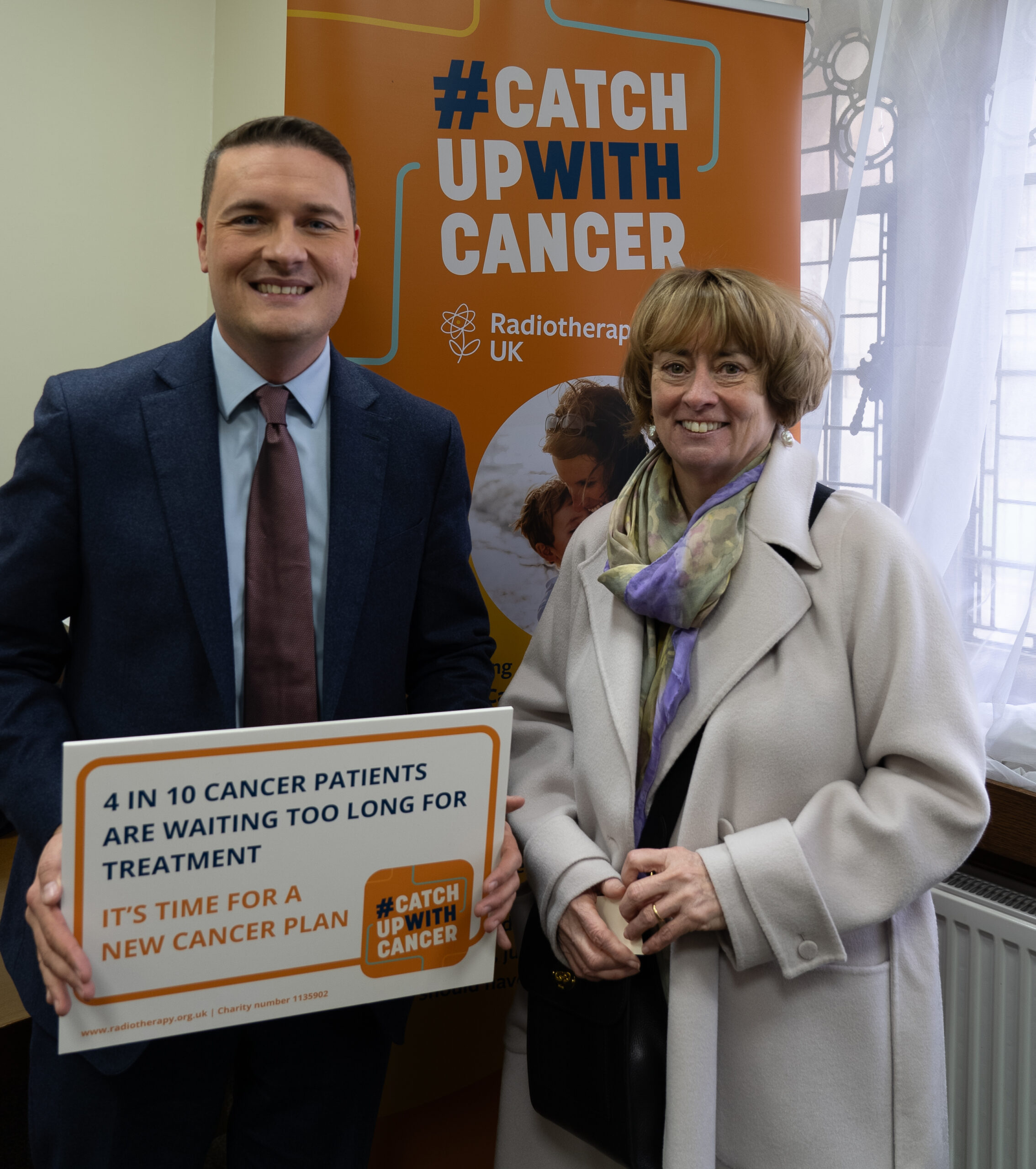 Wes Streeting, Shadow Secretary of State for Health and Social Care, and Pat Price pose for photo to promote #CatchUpWithCancer campaign