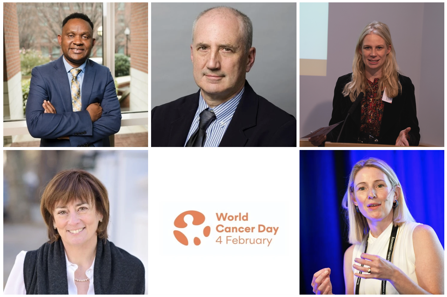 Headshots of GCR World Cancer Day Webinar Presenters. From left to right: Wil Ngwa, Ted Trimble, Susannah Stanway, Pat Price and Sarah Quinlan