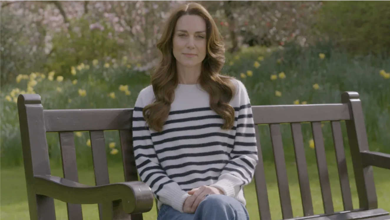 Kate, Princess of Wales sitting on benching announcing she is having cancer treatment